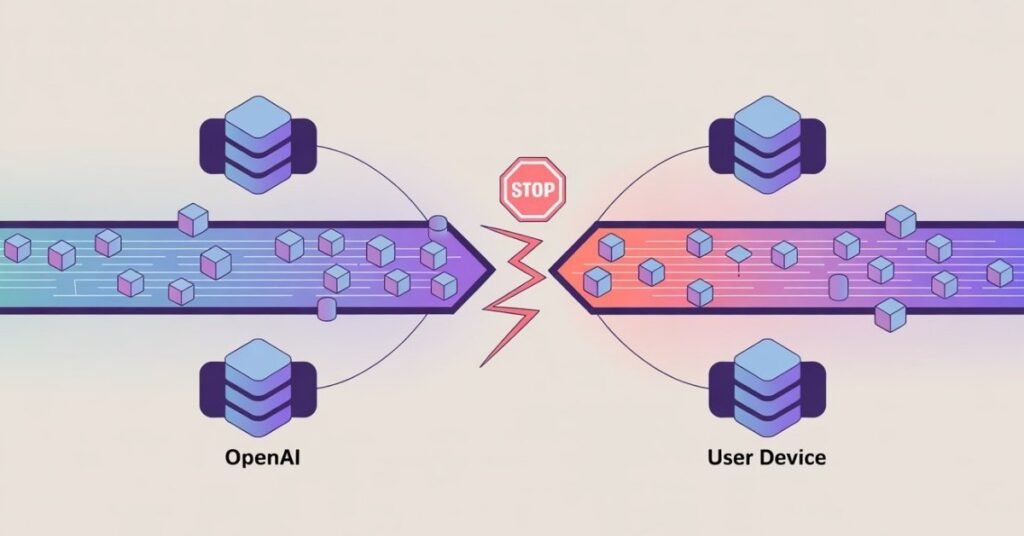 Diagram showing broken data stream between OpenAI server and user browser.