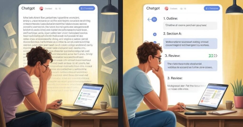 Comparative illustration of one long prompt vs multiple short split prompts in ChatGPT.