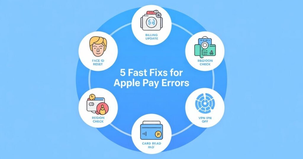 Infographic showing 5 quick fixes for Apple Pay errors including Face ID reset and VPN check.