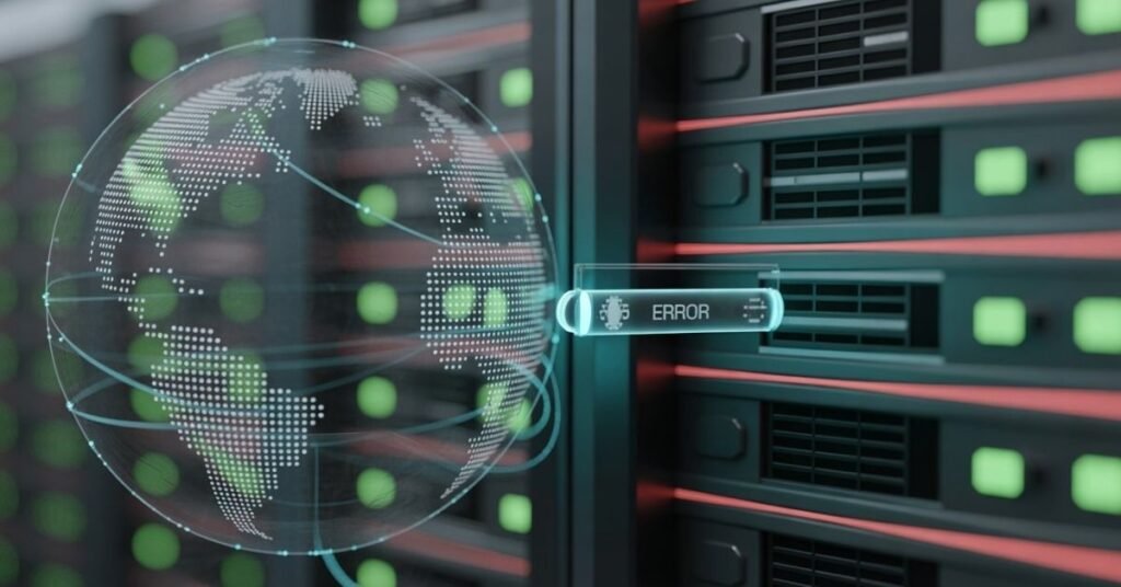 Digital illustration of global server connection showing a network error between user and OpenAI servers.