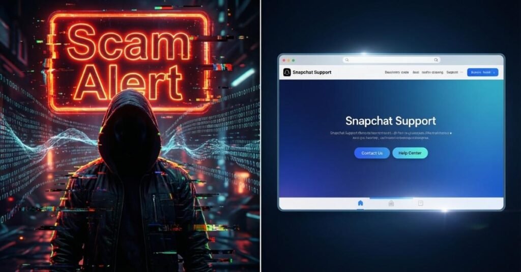 Warning graphic comparing official Snapchat support vs dangerous third-party unban tool scams