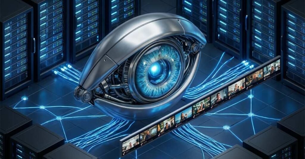 AI robotic eye scanning video metadata for TikTok algorithm verification.