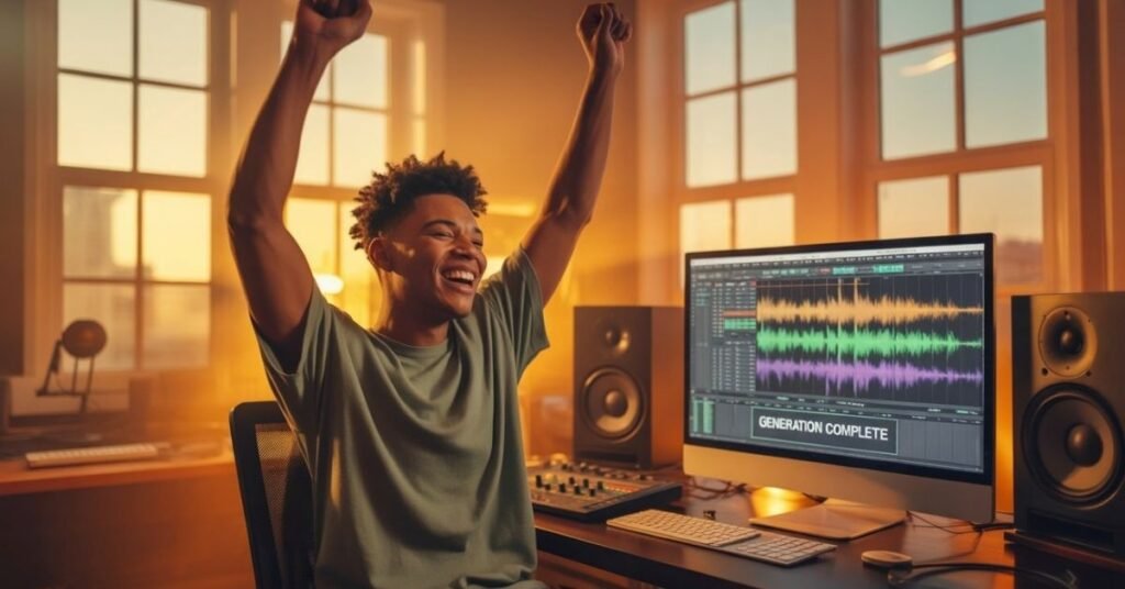 A happy music producer celebrating a successful AI music generation on Suno platform after fixing technical server errors, bright studio background.