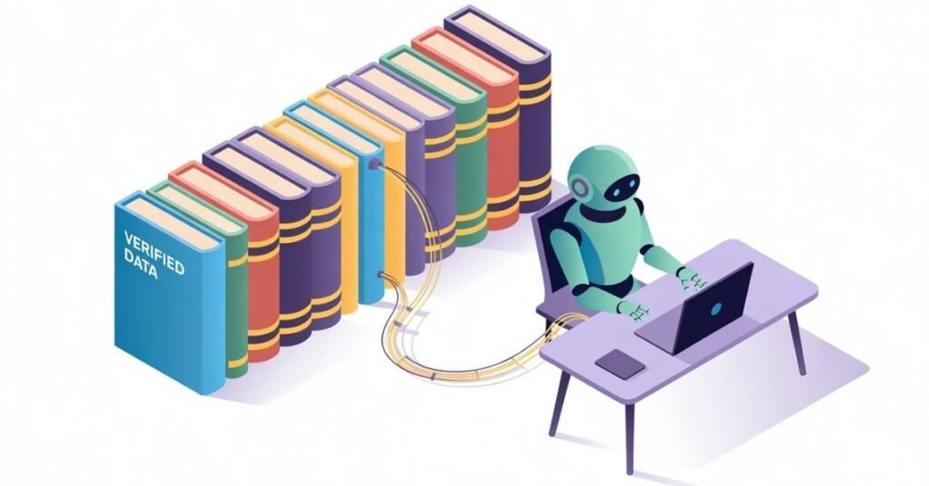 Isometric 3D illustration of an AI robot connected to a physical library labeled "Verified Data" to stop AI hallucinations.