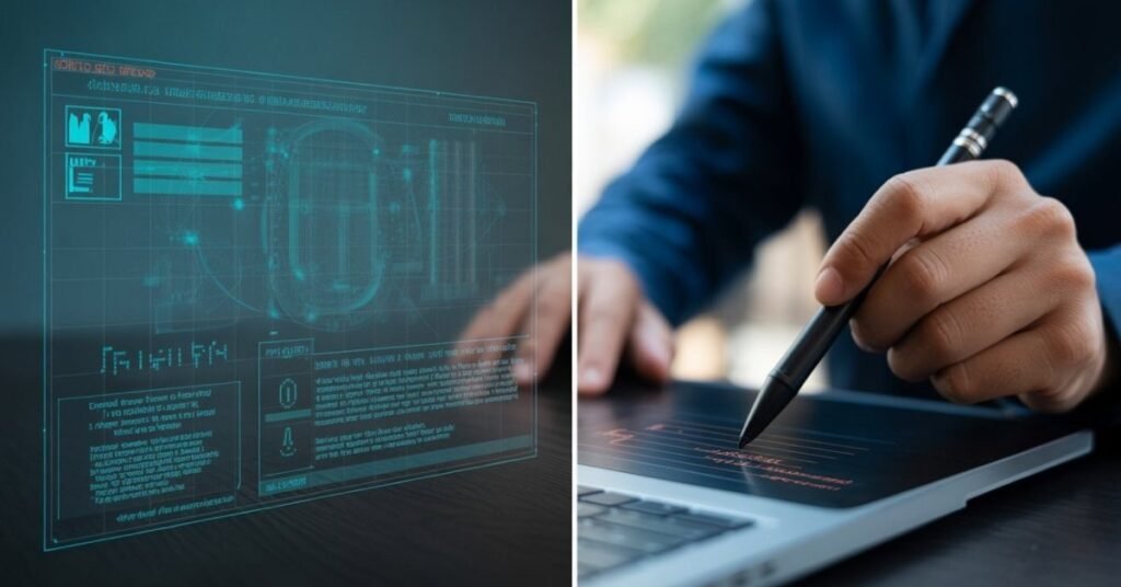 Close-up of a human hand correcting an AI report with warning symbols to ensure factuality and solve AI errors