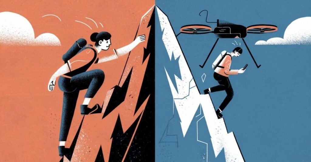 A split-screen illustration comparing a human climbing a mountain with effort versus a person being carried by an AI drone while looking at their phone.