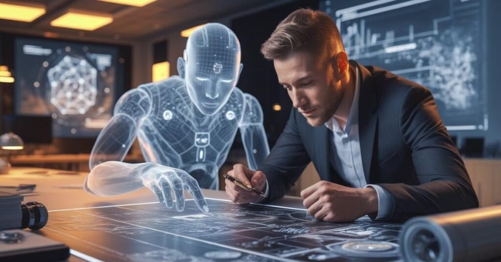 A futuristic digital art piece showing a human and a holographic AI collaborating over a blueprint, symbolizing active AI usage over passive dependency.