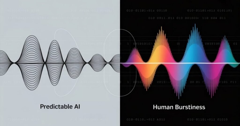 Visual comparison of predictable AI text patterns versus complex human writing burstiness.