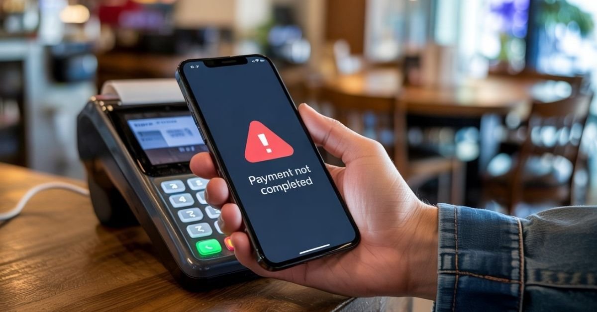 Man holding iPhone 16 showing Apple Pay Payment Not Completed error at a store terminal.