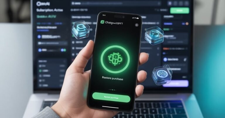 Person fixing ChatGPT Plus features not appearing on Android phone with Restore Purchase button.