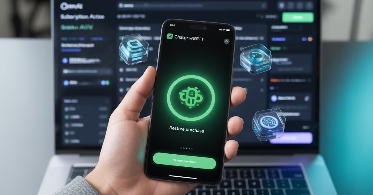 Person fixing ChatGPT Plus features not appearing on Android phone with Restore Purchase button.
