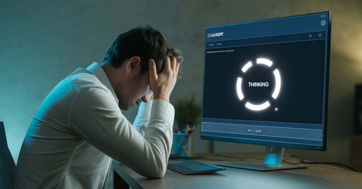 Frustrated user sitting in front of a computer screen showing ChatGPT stuck on the thinking loop.