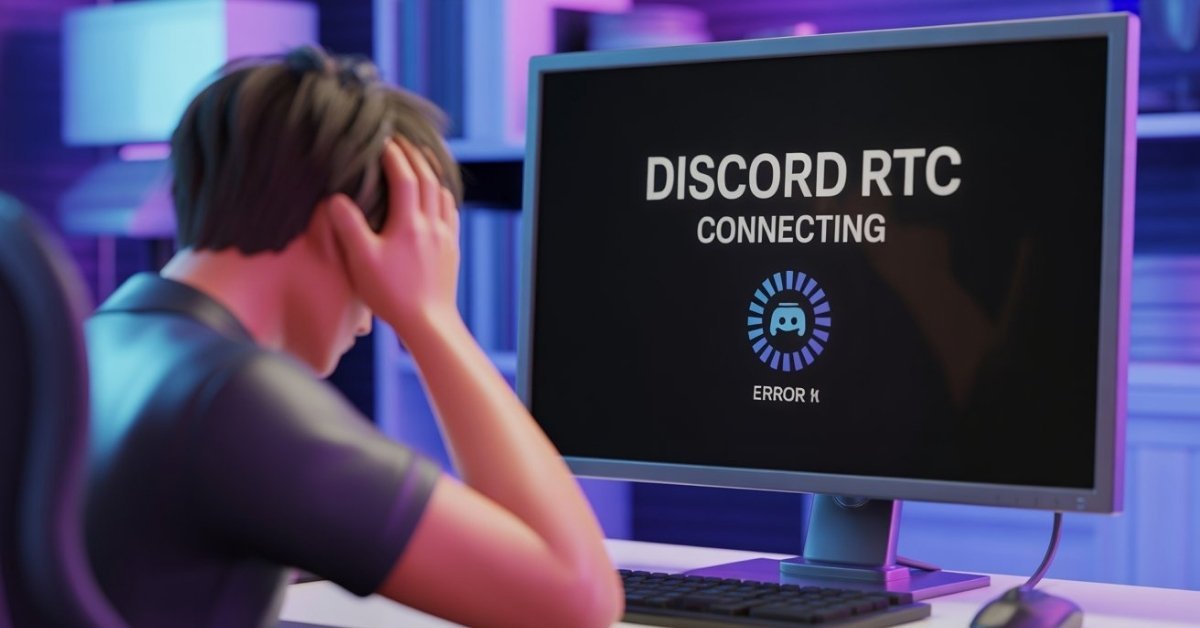 Frustrated gamer facing Discord RTC Connecting error on a desktop screen with neon gaming setup.