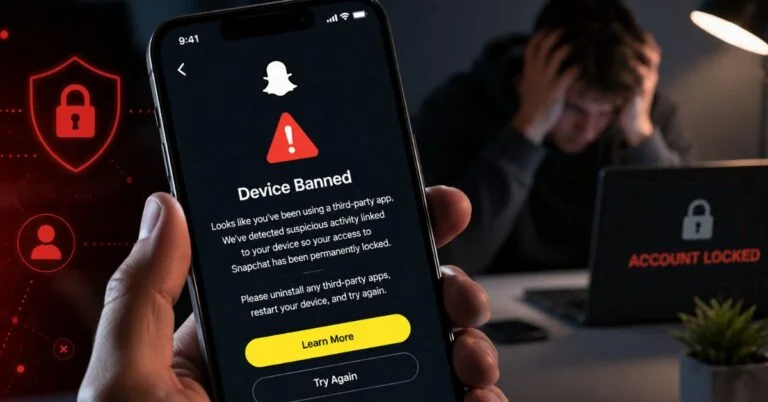 Smartphone displaying Snapchat Device Banned error (SS06, SS07, SS18) with warning symbols and account recovery troubleshooting concept.
