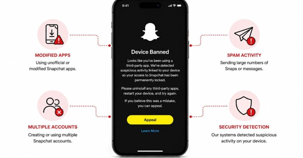 Illustration showing common causes of Snapchat device bans including modified apps, multiple accounts, spam activity, and security violations.