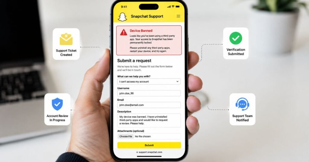 User submitting a Snapchat device ban appeal through the support process on a smartphone.