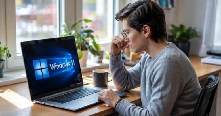 Frustrated user waiting for slow Windows 11 startup on laptop at home desk