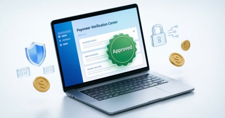 Payoneer verification center dashboard showing pending status and approval badge for global payments.