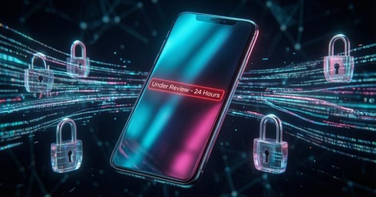 Futuristic smartphone showing TikTok video under review notification with digital data streams.