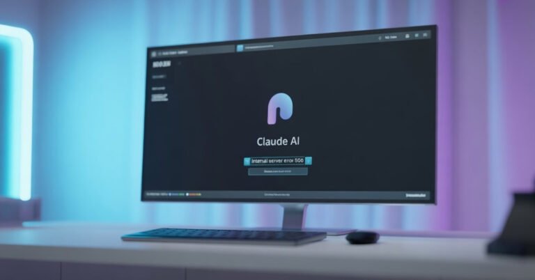 Professional AI workstation in 2026 showing Claude AI interface with an Internal Server Error 500 notification on a high-res monitor.