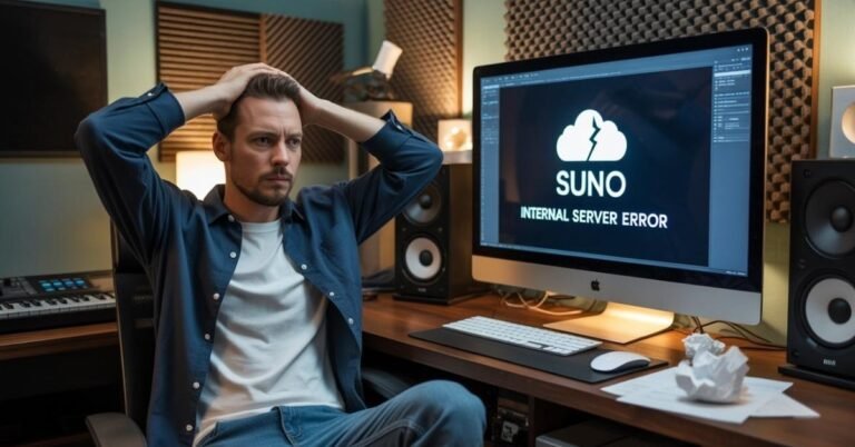 A frustrated male music producer sitting in a dark home studio, holding his head in stress while looking at a computer screen displaying a "Suno Internal Server Error" message.