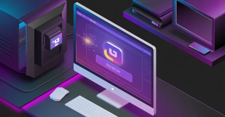 3D isometric illustration of a computer monitor showing a Twitch playback error with a stylized refresh icon on a purple neon background.