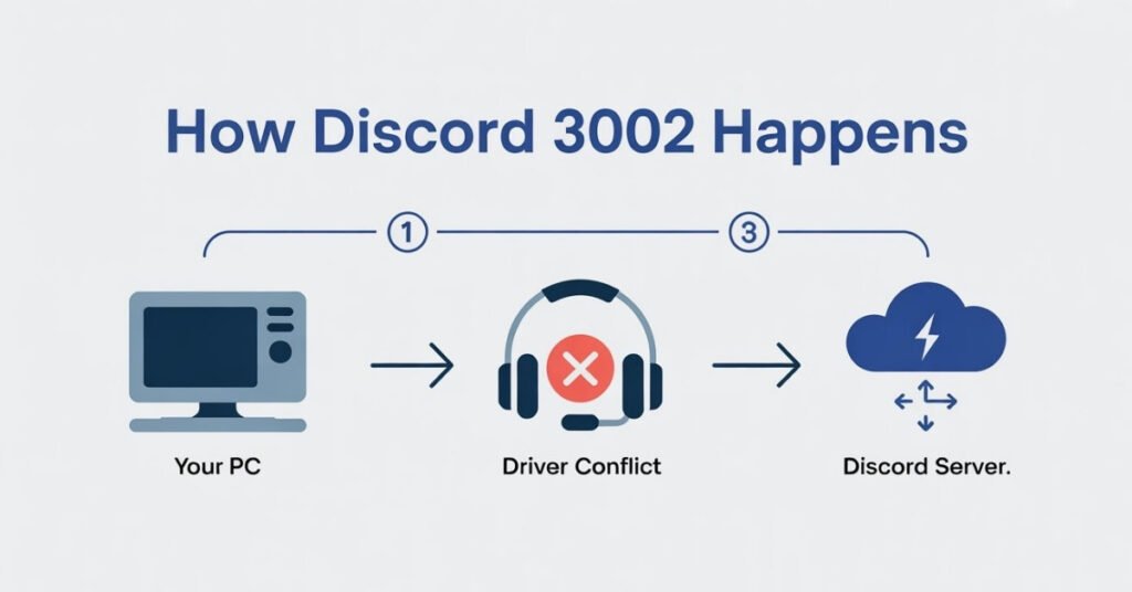 Technical infographic showing the Discord WebRTC handshake process and where a 3002 timeout error occurs between the client and voice gateway.