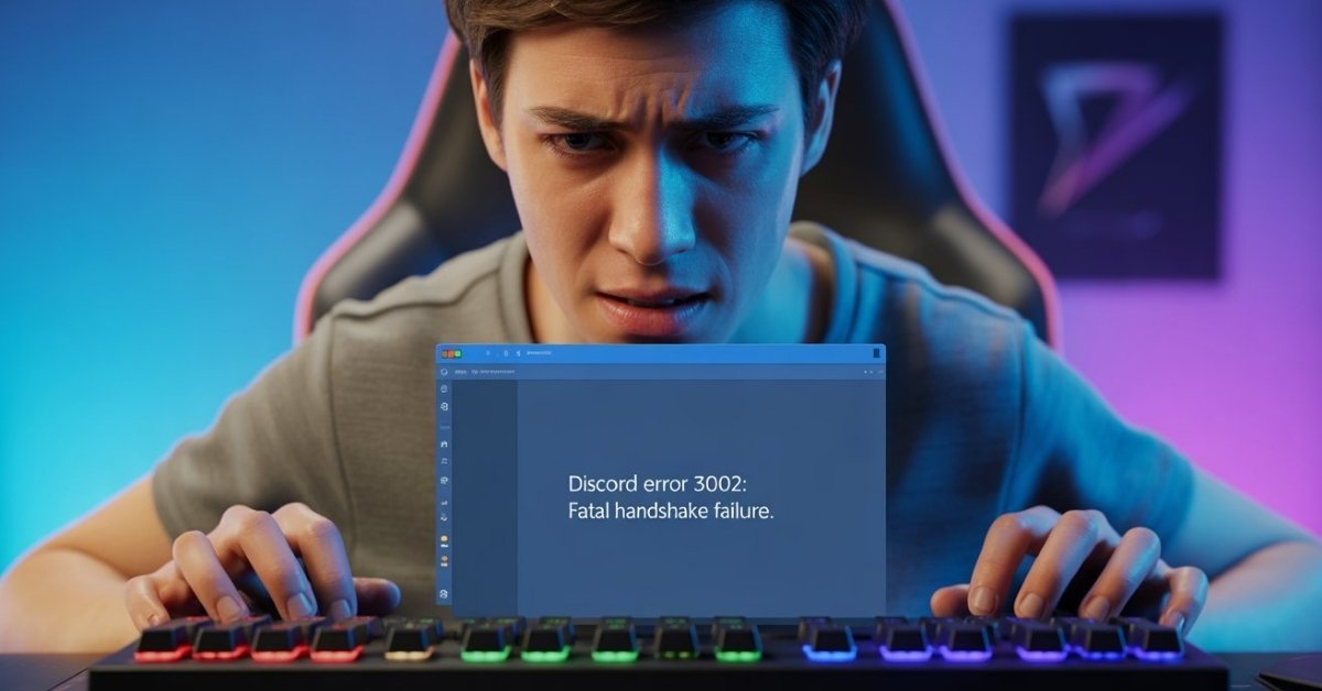 A frustrated gamer looking at a PC monitor displaying a Discord Error 3002 Handshake Failure popup in a gaming room.