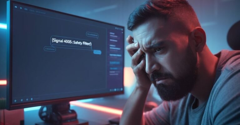 Frustrated software developer at a desk looking at a computer screen displaying a 4005 safety filter input blocked error message.