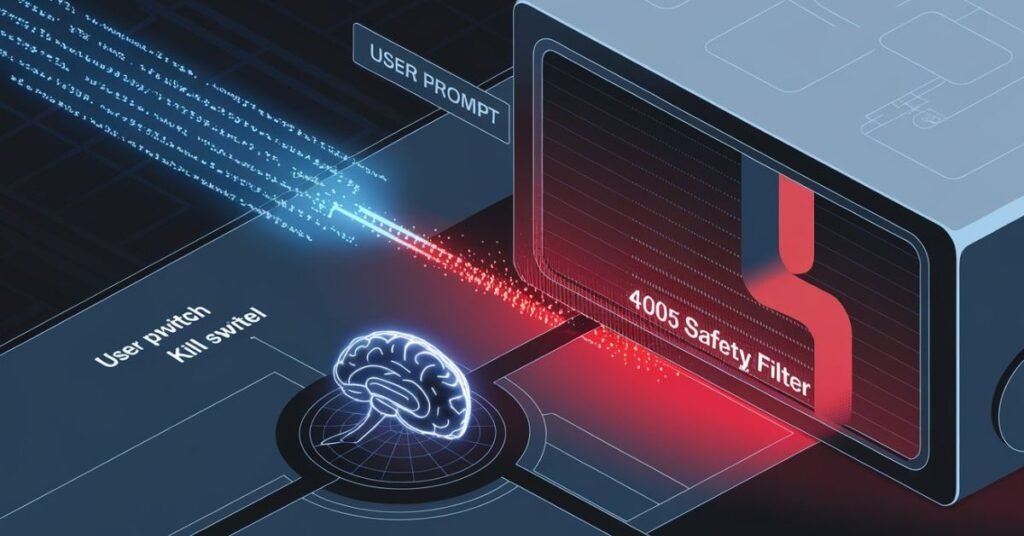 Technical diagram of AI safety architecture showing a red 4005 safety filter wall intercepting a malicious data stream from the user.