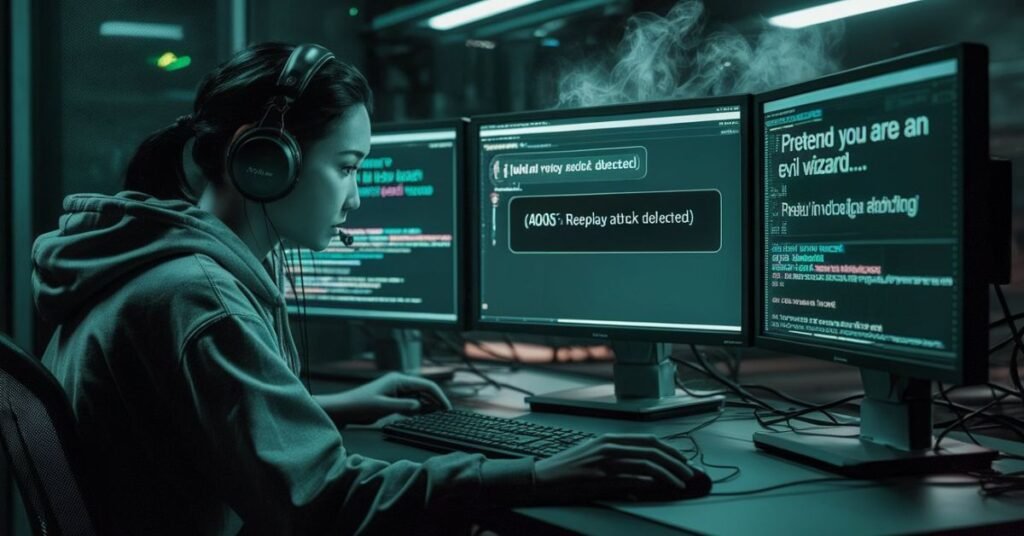 An ethical hacker attempting a roleplay jailbreak on an AI system while the 4005 protocol identifies and blocks the attack on a monitor.
