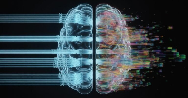 Split-view digital art of a neural brain transitioning from organized blue data fibers to colorful glitchy AI hallucinations.