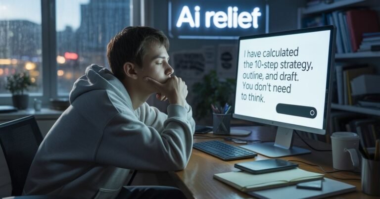 Conceptual photograph of a tired professional staring at an AI interface with glowing text saying "I have calculated everything, you don't need to think" to represent AI laziness.