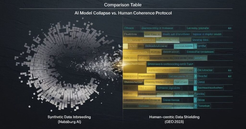 Comparison infographic demonstrating the difference between grey AI Model Collapse (Habsburg AI) and structured, golden Human-Centric Data Shielding (GEO) techniques to maintain content coherence in long LLM sessions.