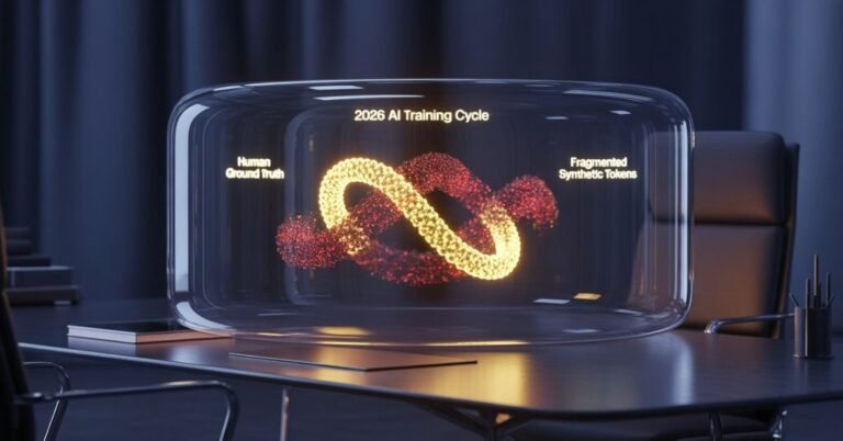 Holographic 3D visualization of AI Model Collapse and the "Ouroboros Effect," showing synthetic data inbreeding, token decay, and anchor prompting to prevent the memory loop.