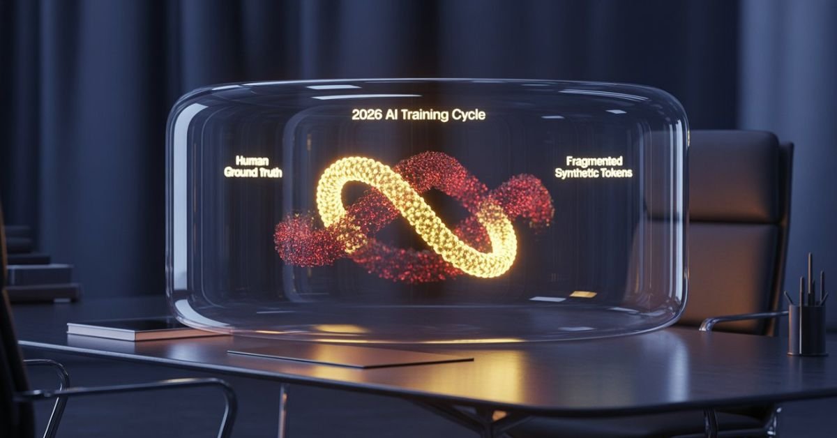 Holographic 3D visualization of AI Model Collapse and the "Ouroboros Effect," showing synthetic data inbreeding, token decay, and anchor prompting to prevent the memory loop.