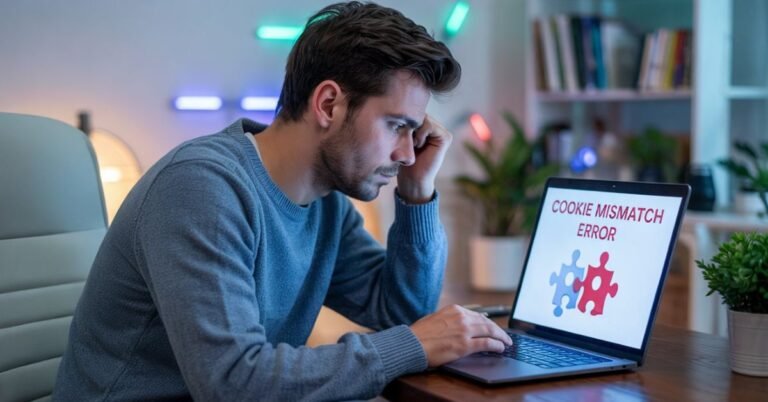 Young man frustrated at laptop screen showing a Browser Cookie Mismatch Error in a home office setting.