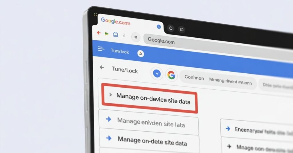 Screenshot showing Google Chrome URL bar lock icon menu and the manage on-device site data option to fix cookie errors.