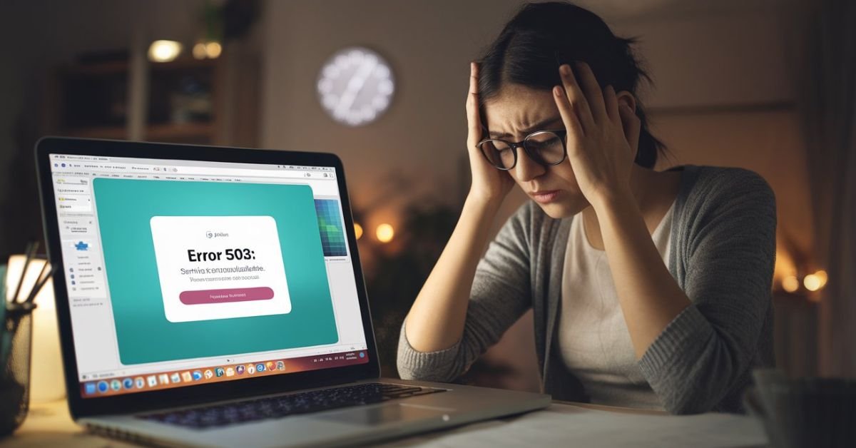 A frustrated graphic designer sitting at a desk facing a laptop screen displaying a Canva 503 server error message during a deadline.