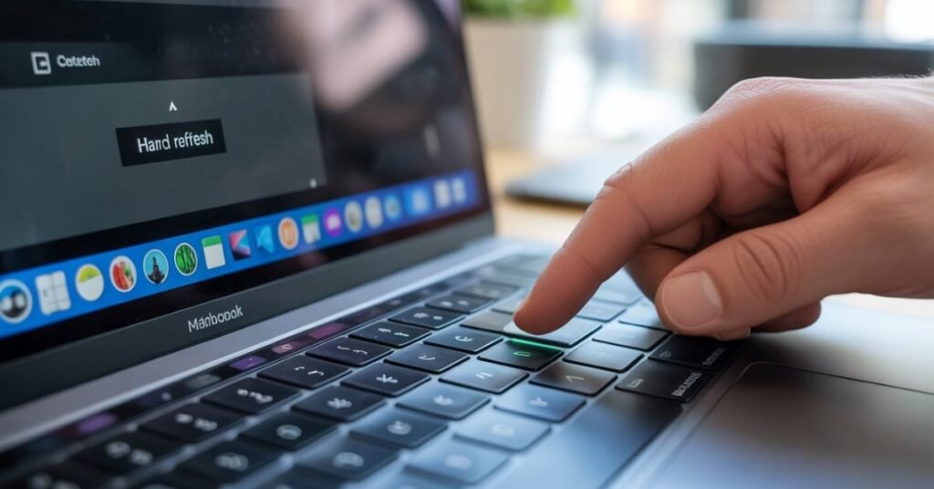 Close-up of a designer's hand performing a hard refresh on a MacBook to fix a Canva 503 service unavailable error.