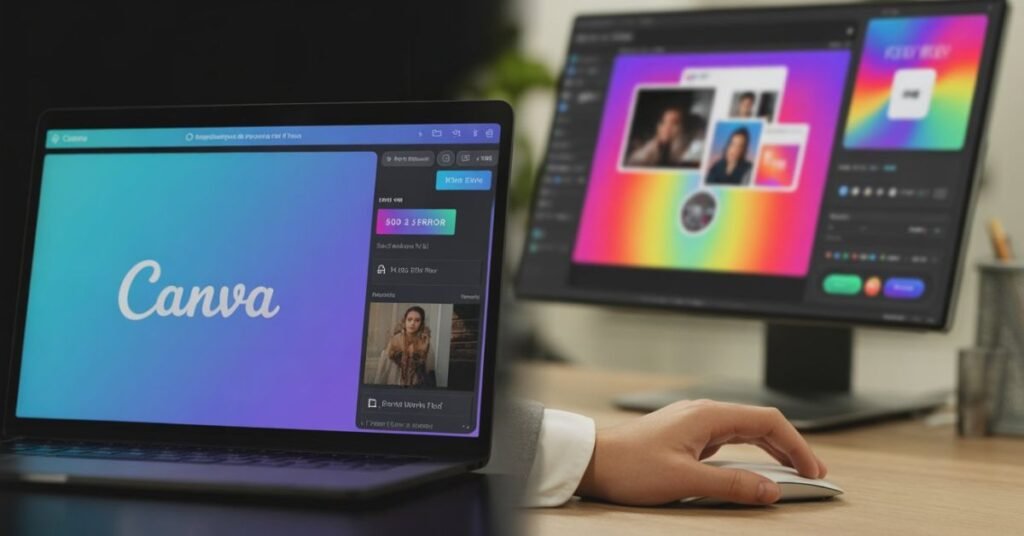 Comparison screen showing a browser with a 503 error versus the Canva Desktop App working perfectly as a stable design alternative.
