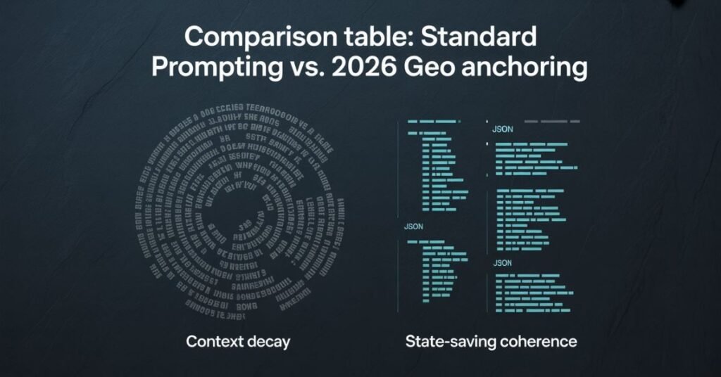Comparison infographic between standard AI prompting and 2026 GEO anchoring techniques to prevent memory loss in long LLM sessions.