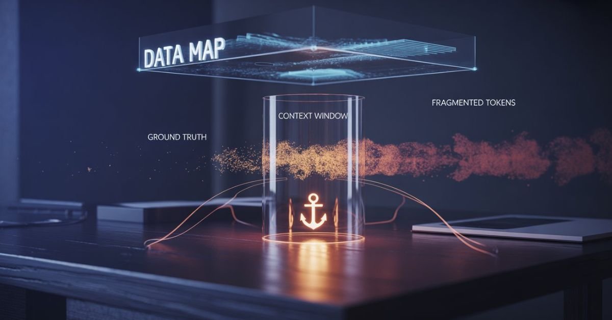 Holographic visualization of AI Context Fragmentation and token decay, showing anchor prompting to prevent the memory loop.