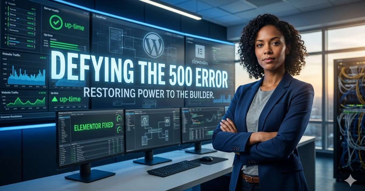 Professional developer resolving Elementor Server Error 500 using PHP memory limit and debug mode.