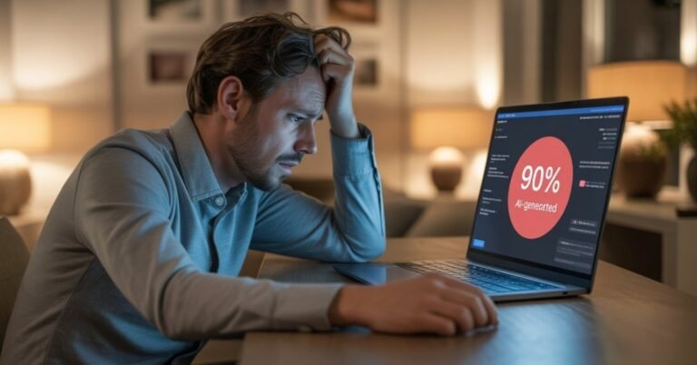 Stressed man at a desk looking worriedly at a laptop screen displaying a red AI detection error message.