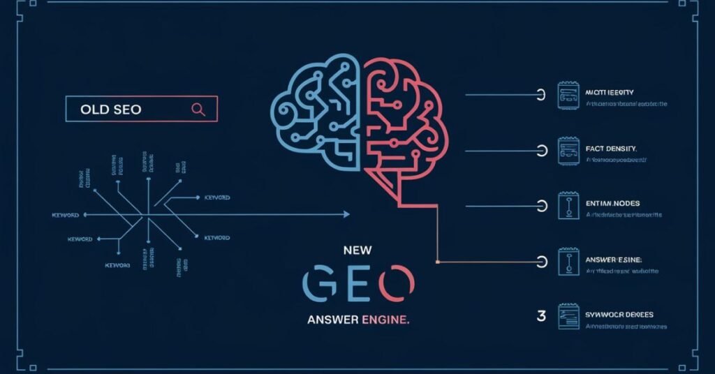 "Diagram mapping the 2026 Generative Engine Optimization (GEO) ranking workflow, showing the AI synthesis process, citation probability factors (Fact Density, Entity Trust, Schema Markup), and the shift from traditional keyword-based SERPs to synthesized AI answers."