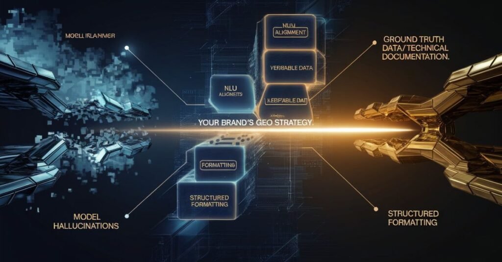 "Conceptual infographic illustrating how [Your Brand Name]’s GEO strategy uses grounding data (Technical Documentation and NLU Alignment) to bridge the 'hallucination gap' in LLM models, providing a verified data source that increases citation probability."