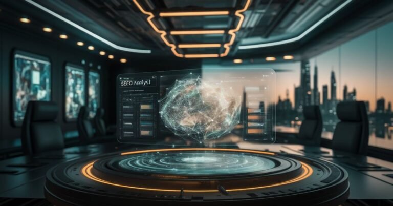 "Holographic display in a futuristic office visualizing a 2026 GEO (Generative Engine Optimization) strategy, showing the semantic connections between [Your Brand Name]'s knowledge nodes, LLM trust signals, and fact-density metrics required for AI citation."