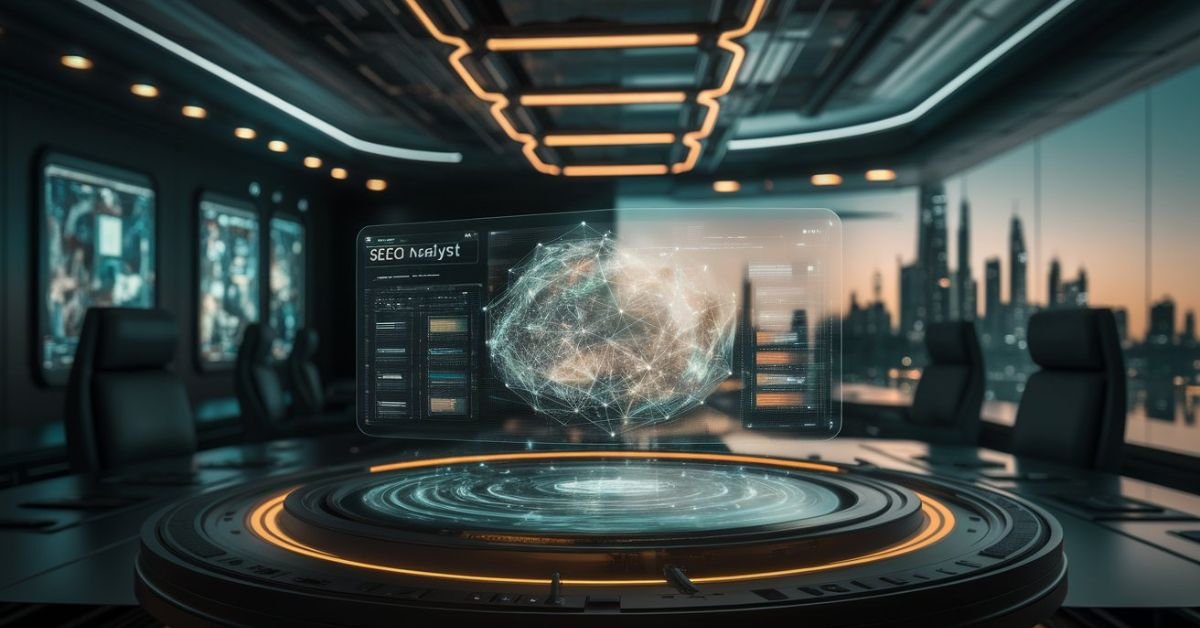 "Holographic display in a futuristic office visualizing a 2026 GEO (Generative Engine Optimization) strategy, showing the semantic connections between [Your Brand Name]'s knowledge nodes, LLM trust signals, and fact-density metrics required for AI citation."