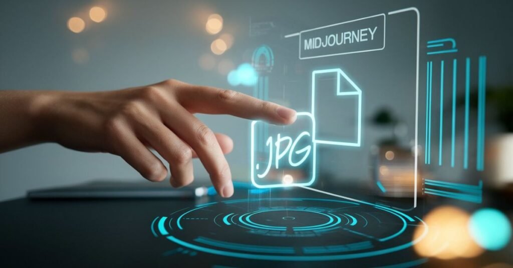 A close-up of a designer's hand using a futuristic holographic interface to drag a .jpg icon into a glowing Midjourney prompt box, demonstrating how to provide a direct image address to fix errors.